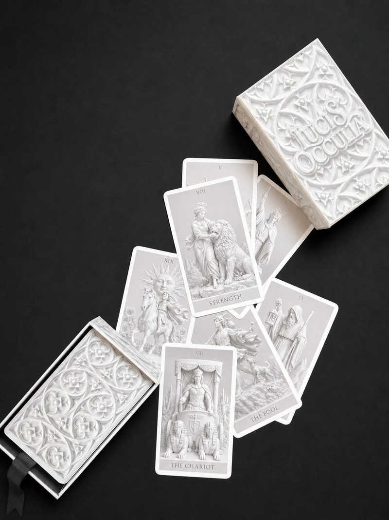 Diagonal arrangement of an open Lucis Occulta deck box, its lid and scattered tarot cards on dark fabric